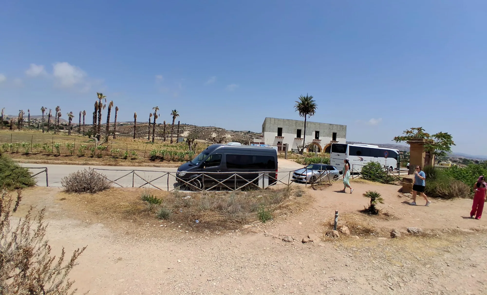 Lo Sprinter grigio scuro in un parco archeologico, fra le palme e i resti antichi