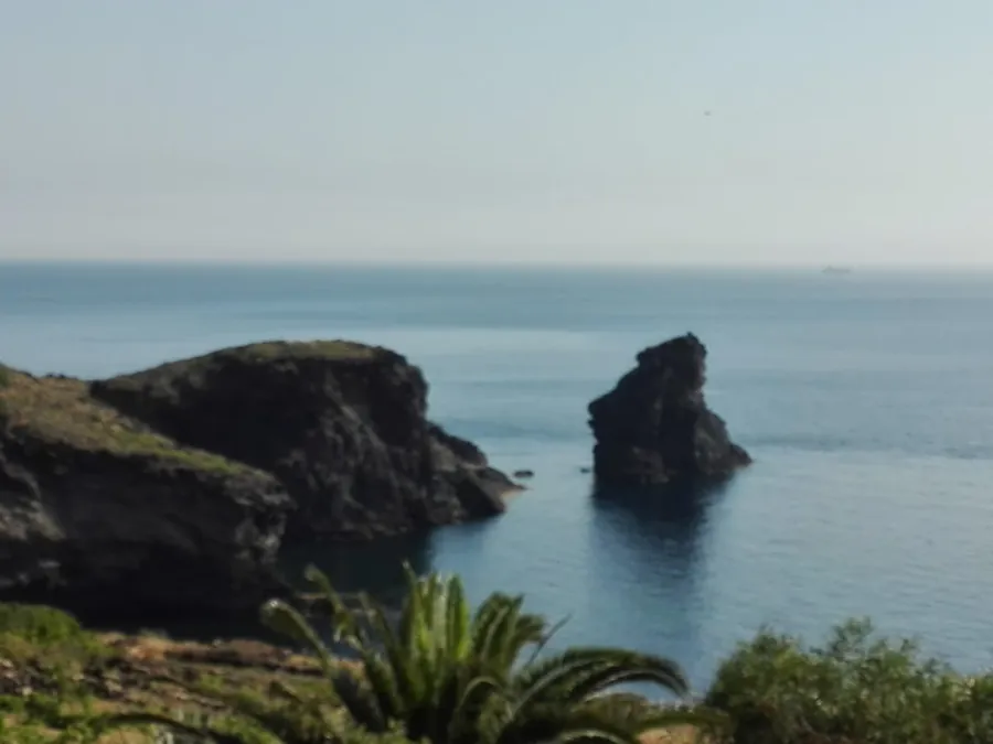 La costa di roccia scura e un faraglione nel mare