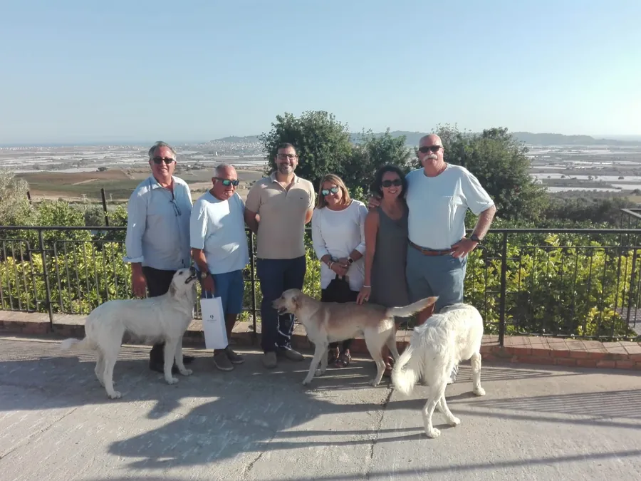 Un gruppo con tre cani su una terrazza, con la piana e il mare alle spalle